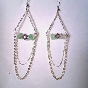 Handmade Natural Aventurine & Purple Crystal Chandelier Chain Earrings